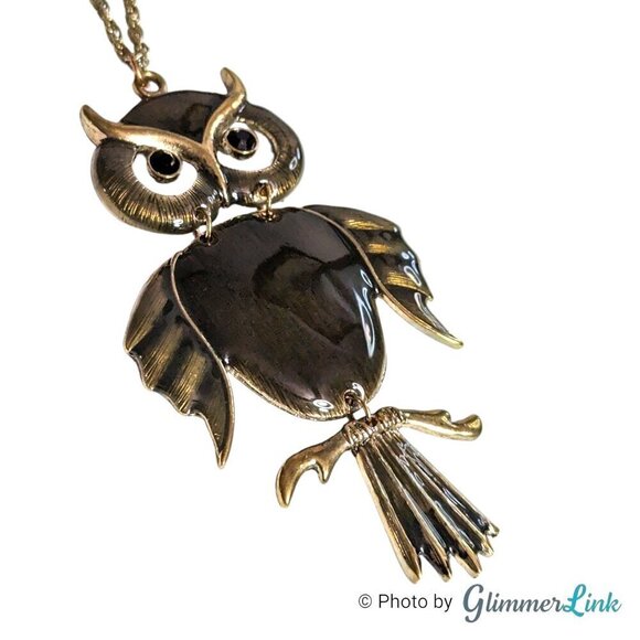 Articulated Enameled Owl Long Antiqued Gold Tone Chain Necklace - Picture 6 of 14
